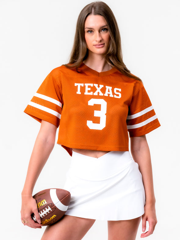 University of Texas - Women's Mesh Cropped Fashion Football Jersey NIL #3 Ewers - Burnt Orange