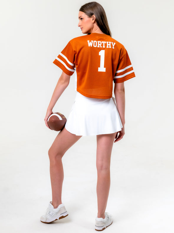 University of Texas - Women's Mesh Cropped Fashion Football Jersey NIL #1 Worthy - Burnt Orange
