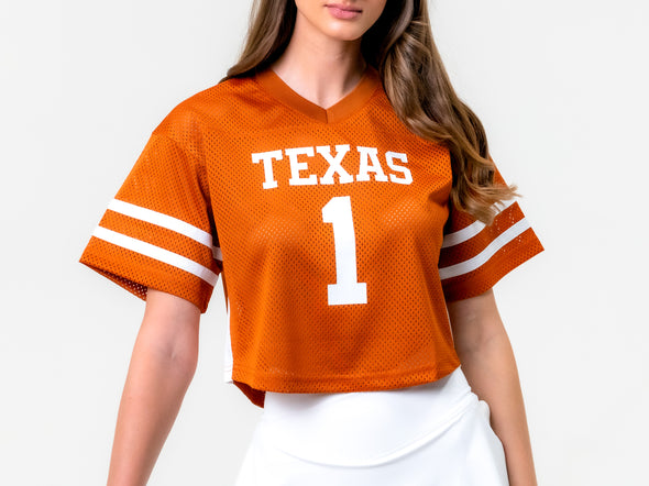 University of Texas - Women's Mesh Cropped Fashion Football Jersey NIL #1 Worthy - Burnt Orange