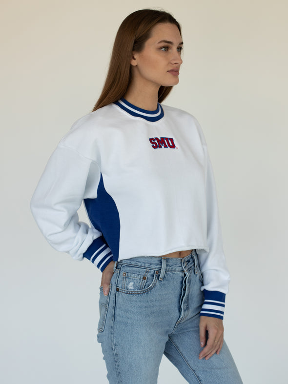 SMU - Vintage Color Block Embroidered Cropped Crewneck Sweatshirt - White/Red