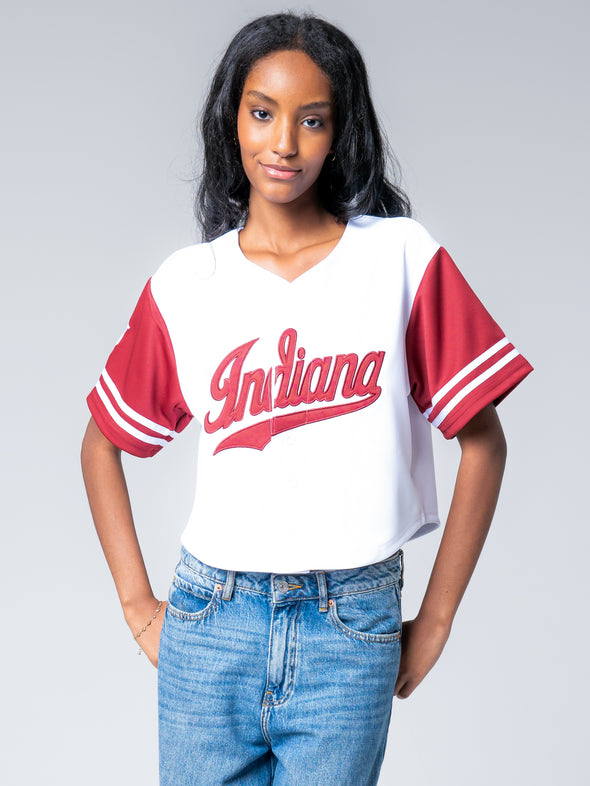 Indiana University - Women's Cropped Baseball Jersey - White / Cardinal Sleeves