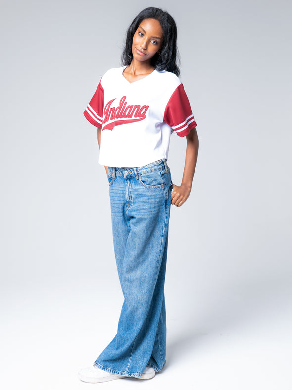 Indiana University - Women's Cropped Baseball Jersey - White / Cardinal Sleeves