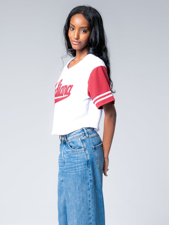 Indiana University - Women's Cropped Baseball Jersey - White / Cardinal Sleeves