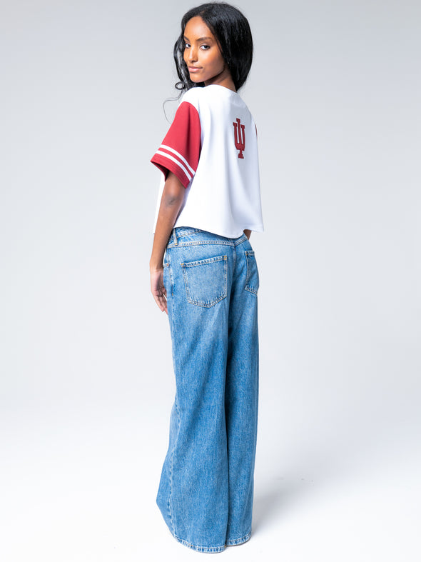 Indiana University - Women's Cropped Baseball Jersey - White / Cardinal Sleeves