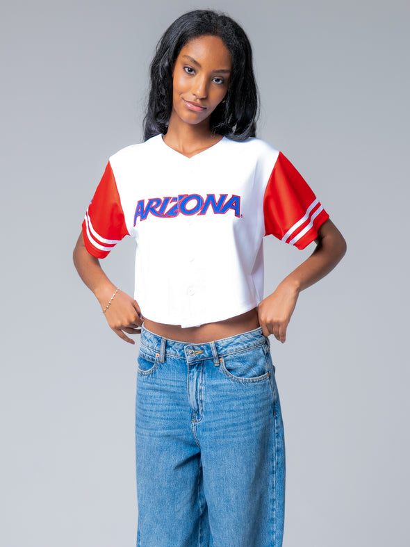 University of Arizona - Women's Cropped Baseball Jersey - White / Red Sleeves
