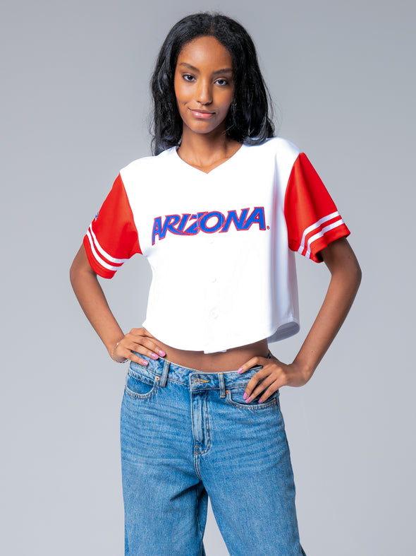 University of Arizona - Women's Cropped Baseball Jersey - White / Red Sleeves