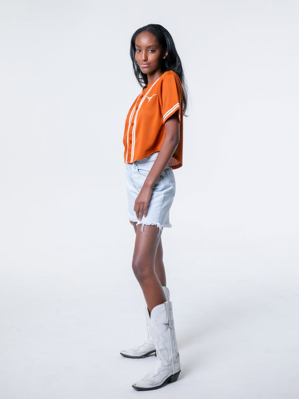 University of Texas - Women's Cropped Baseball Mesh Jersey - Burnt Orange