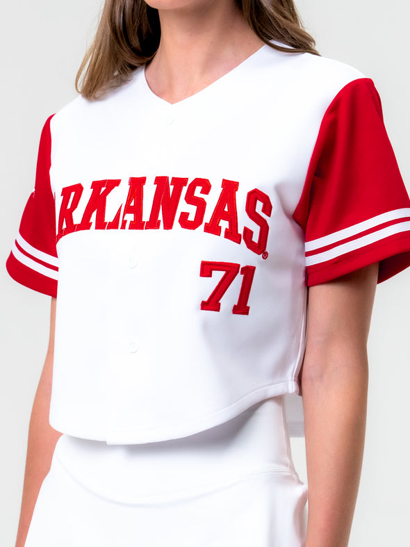 University of Arkansas - Embroidered Cropped Baseball Jersey - White