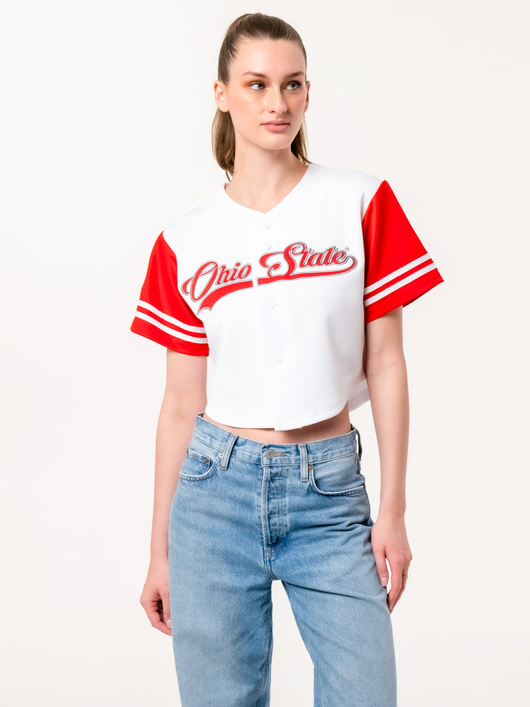 Ohio State - Women's Cropped Baseball Crop Jersey - White & Red