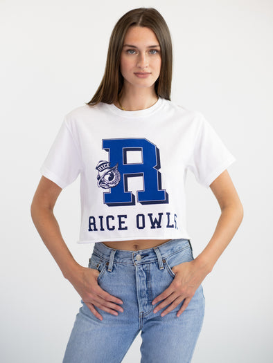 Rice University - Vintage R Sailor Owl Cropped T-Shirt - White