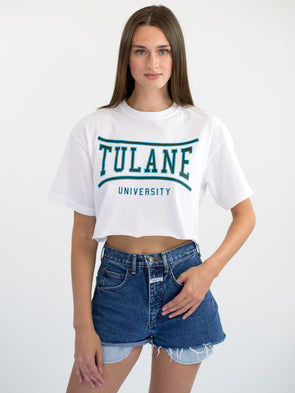 Tulane University - Green Wave Retro Bend Cropped T-Shirt - White