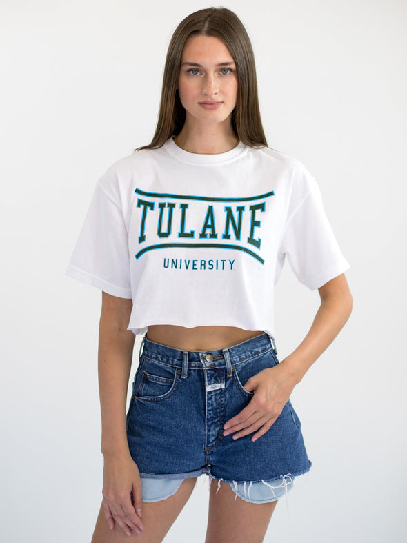 Tulane University - Green Wave Retro Bend Cropped T-Shirt - White