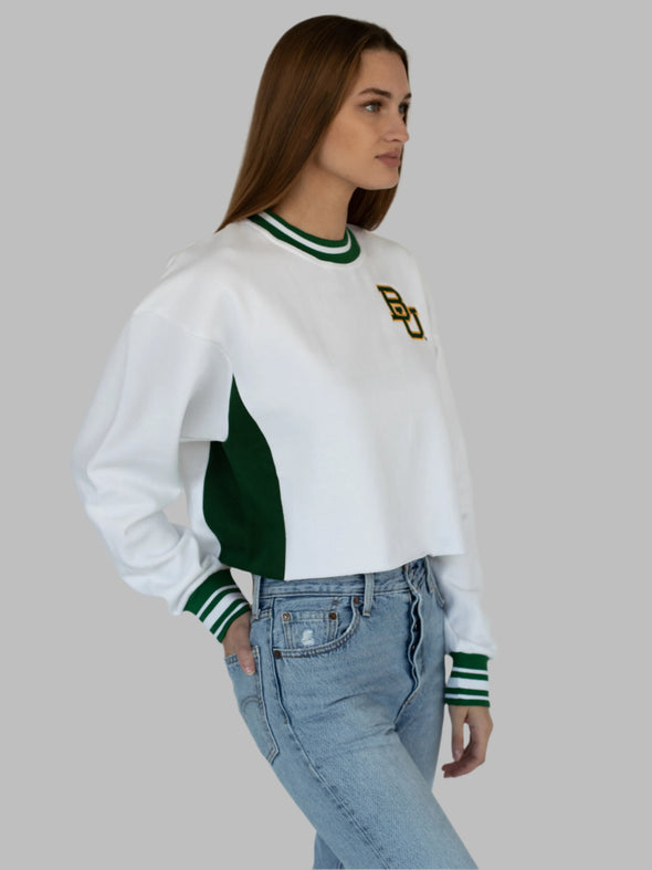 Baylor University - Vintage Color Block Embroidered Cropped Crewneck Sweatshirt - White/Green
