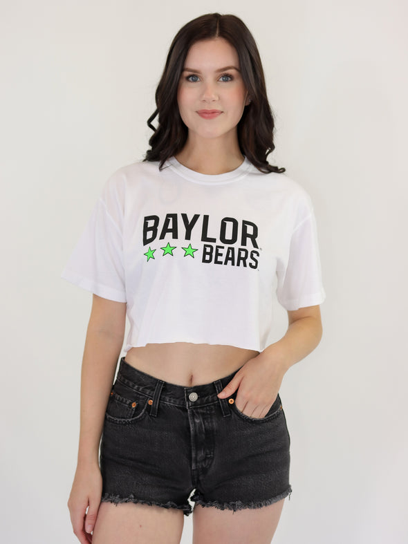 Baylor University - Neon Triple Star Cropped T-Shirt - White