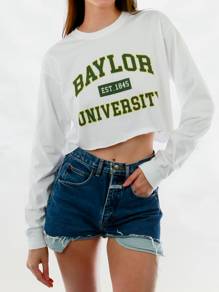 Baylor University - Comfort Colors Long Sleeve Cropped T-shirt - White with Green