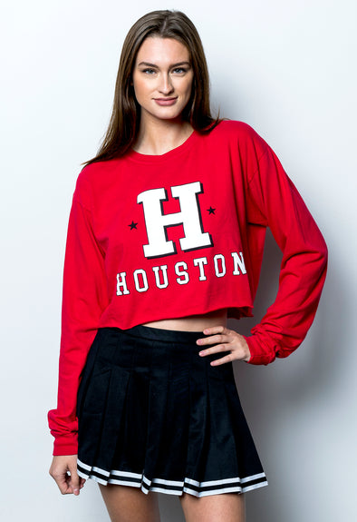 University of Houston - Vintage H Long Sleeve Cropped T-Shirt - Red